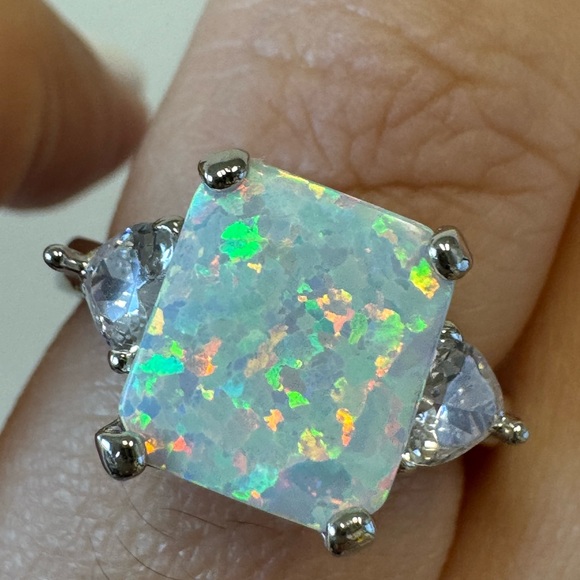 Opal Ring, Radiant Cut Lab Fire Opal Ring with Heart Stones, Sterling Silver - Picture 9 of 11